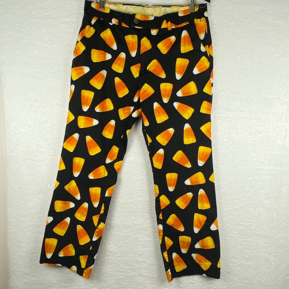 Loudmouth Golf Mens Candy Corn Halloween Pants Black Orange 34x30 Stretch Cotton